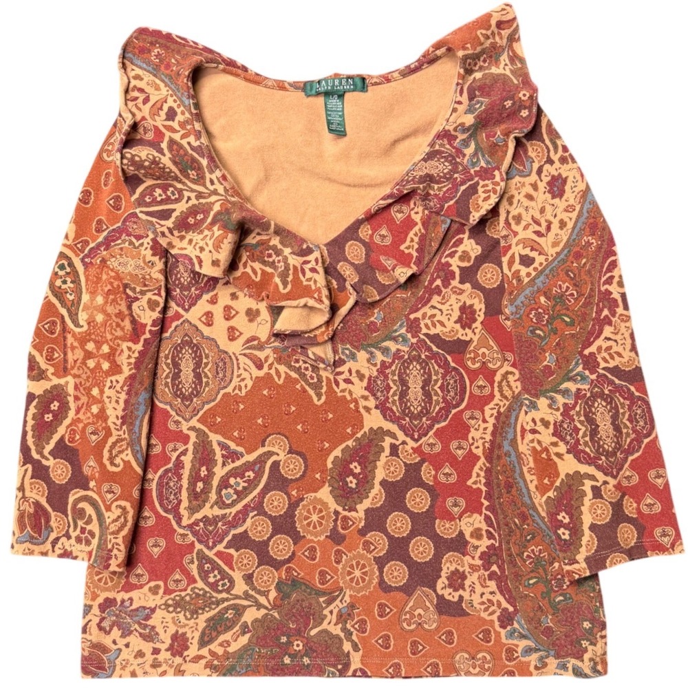LAUREN‎ Ralph Lauren Womens Paisley Ruffle Neck 3/4 Sleeve Top Size L